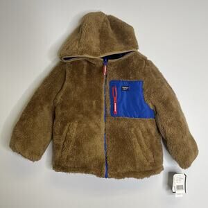 OshKosh B’gosh Sherpa Fleece Full Zip Hooded Brown Kids Jacket SZ 5/6 Reversible